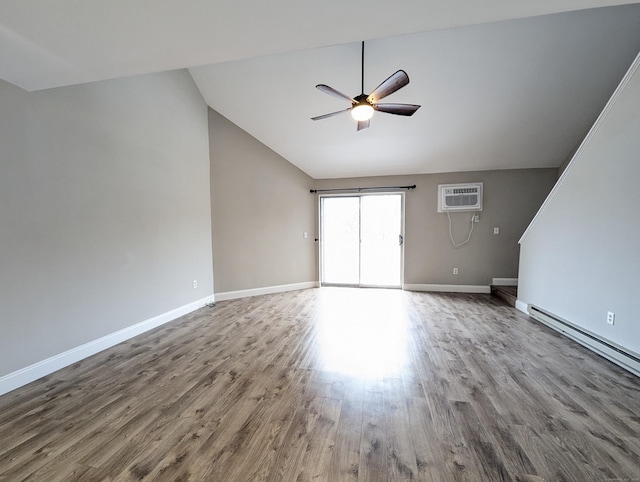 unfurnished living room with vaulted ceiling, a wall mounted AC, hardwood / wood-style flooring, ceiling fan, and baseboard heating