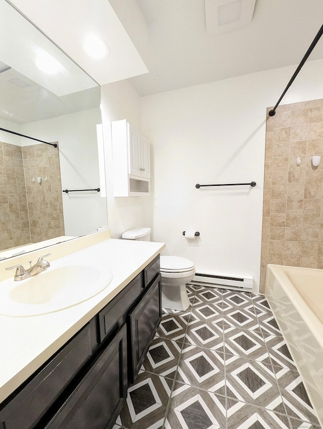 full bathroom featuring tiled shower / bath combo, vanity, baseboard heating, and toilet