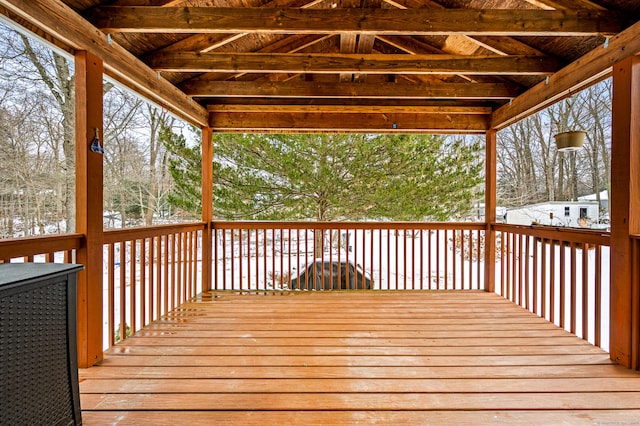 view of snow covered deck