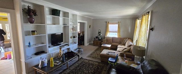 living room featuring a healthy amount of sunlight and crown molding