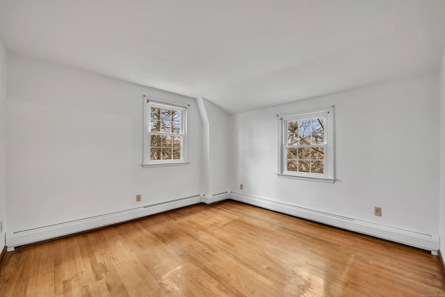 spare room with light wood-type flooring and baseboard heating