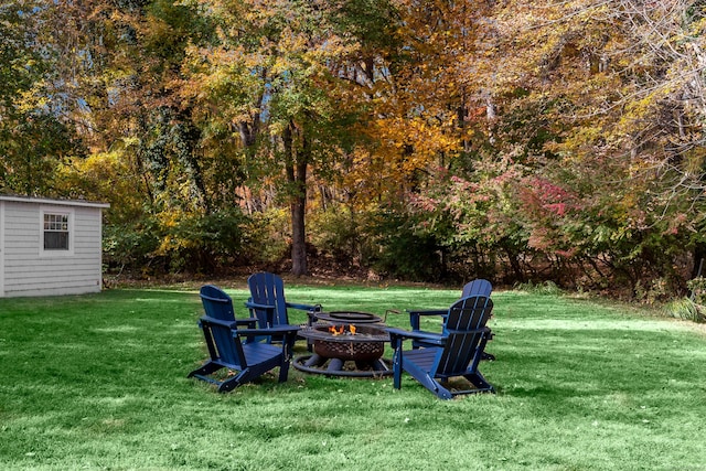 view of yard with a shed and a fire pit