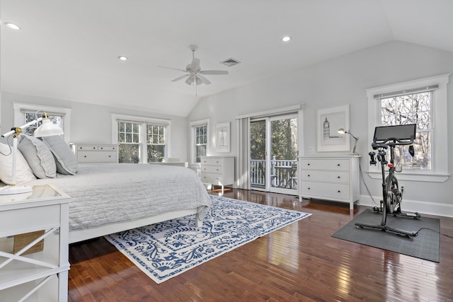 bedroom featuring ceiling fan, access to exterior, lofted ceiling, and dark wood-type flooring