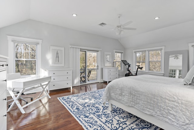 bedroom with dark wood-type flooring, ceiling fan, access to exterior, and lofted ceiling