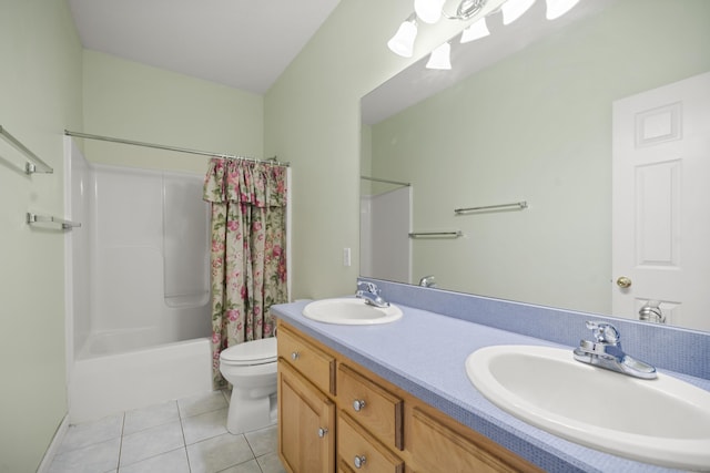 full bathroom featuring tile patterned floors, vanity, shower / bath combination with curtain, and toilet