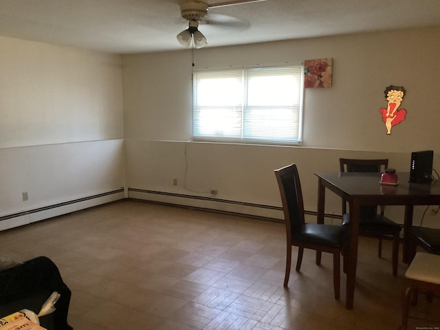 dining area featuring ceiling fan and parquet flooring