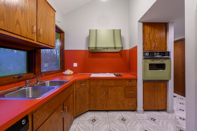 kitchen featuring dishwasher, stovetop, sink, oven, and exhaust hood