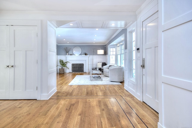 interior space with ornamental molding, a fireplace, and light hardwood / wood-style floors