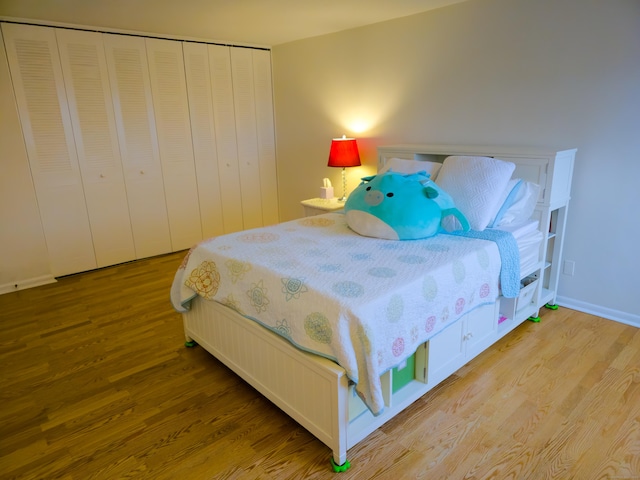 bedroom with light wood-type flooring and a closet