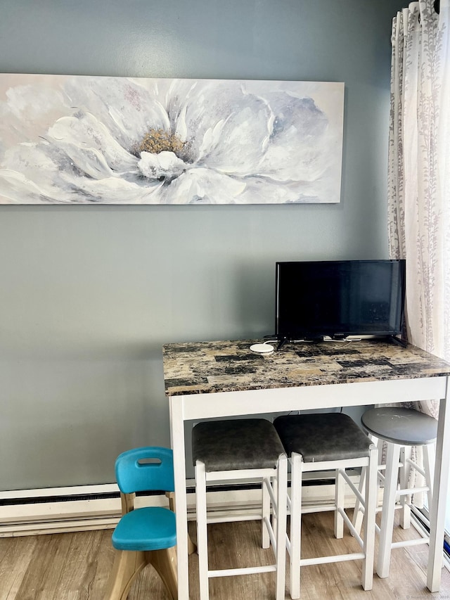 office area featuring baseboard heating and wood-type flooring