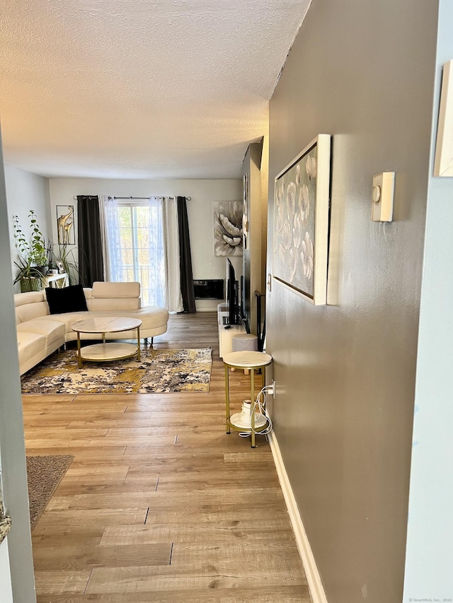 living room with a textured ceiling and light hardwood / wood-style floors