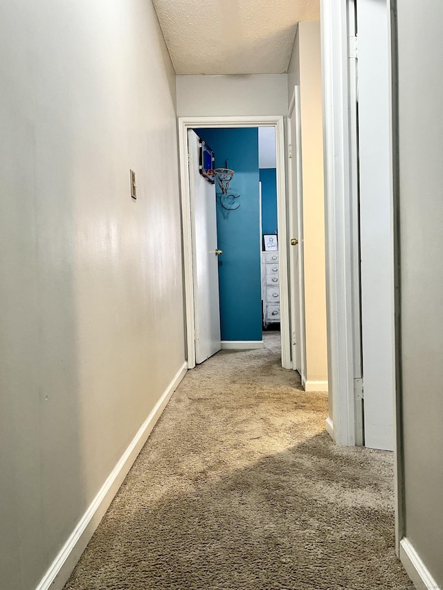 hall with carpet floors and a textured ceiling