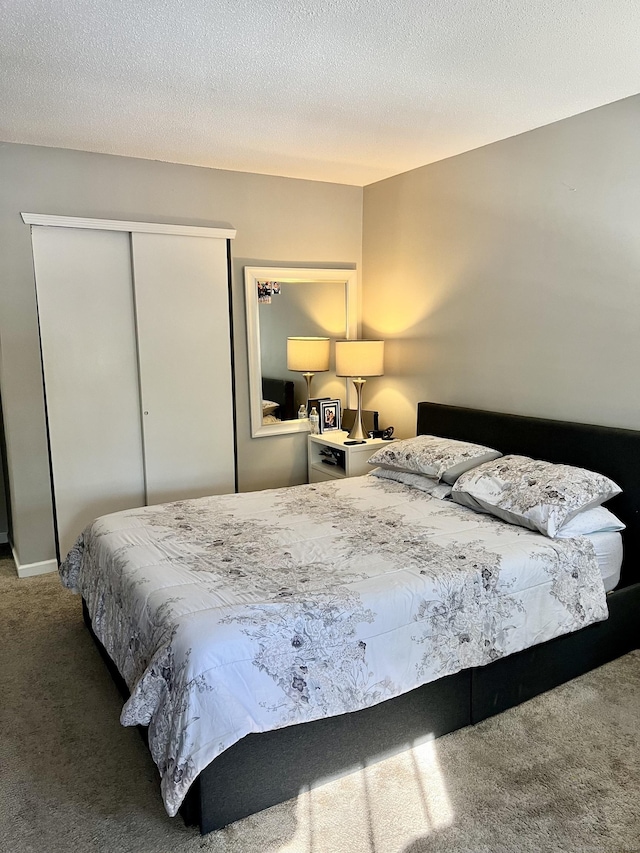 bedroom with carpet flooring, a textured ceiling, and a closet