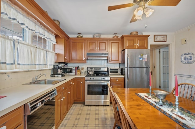 kitchen featuring appliances with stainless steel finishes, wooden counters, sink, ornamental molding, and ceiling fan