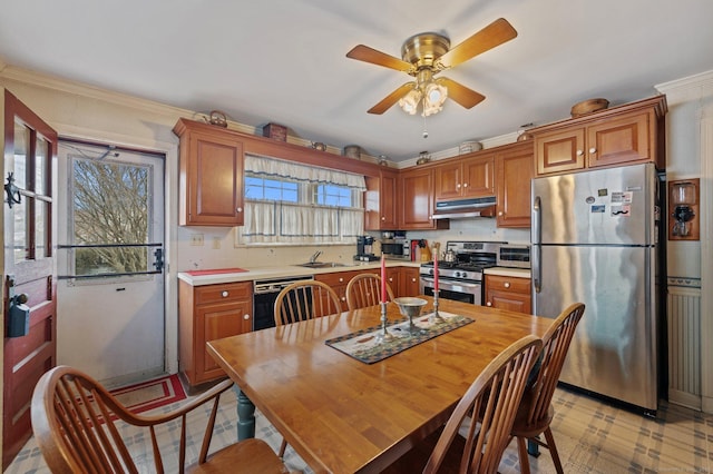 kitchen featuring ceiling fan, appliances with stainless steel finishes, sink, and ornamental molding