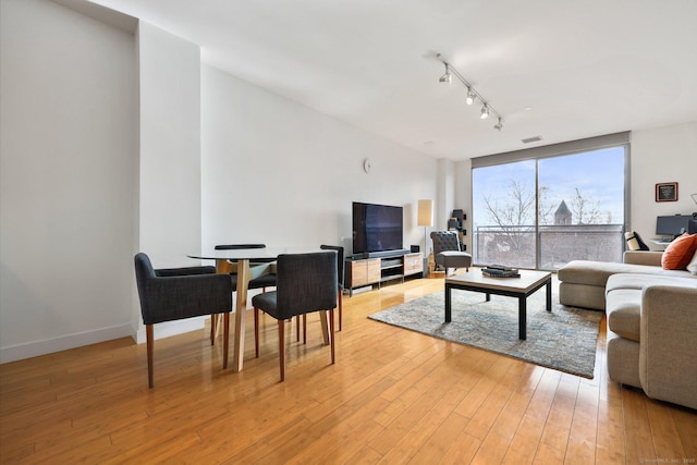 living room with rail lighting and light hardwood / wood-style flooring