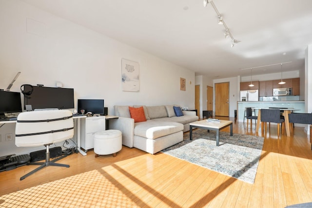 living room with track lighting and light hardwood / wood-style floors