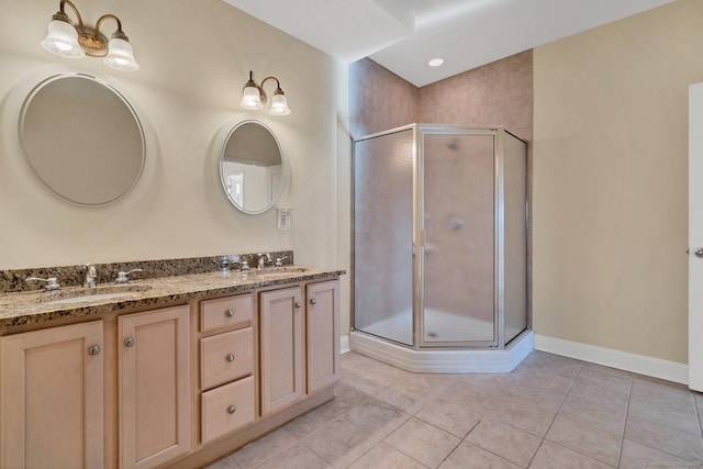 bathroom featuring tile patterned floors, vanity, and walk in shower