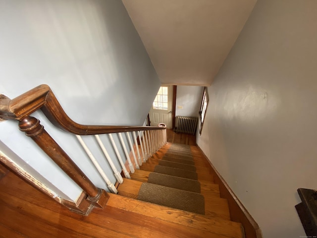 stairway featuring radiator heating unit and hardwood / wood-style flooring