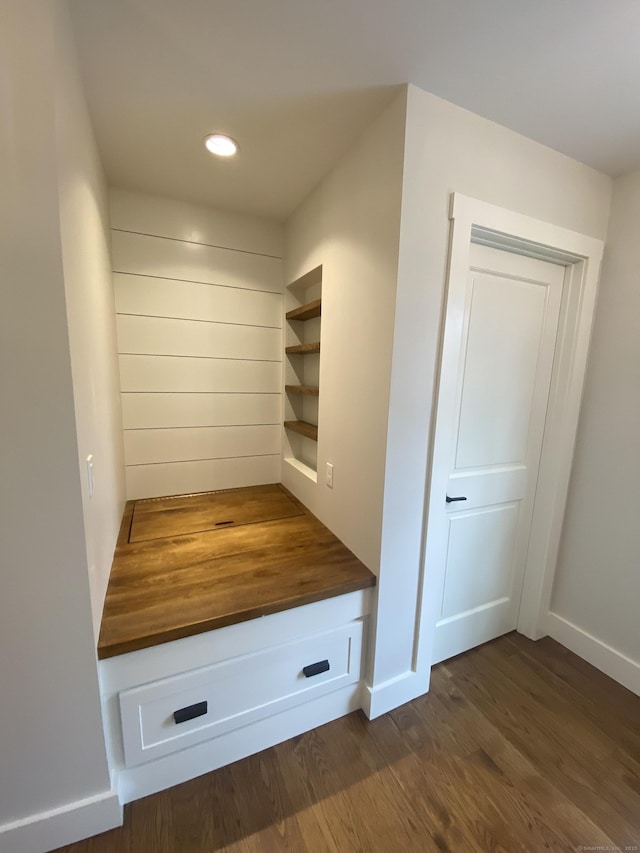 mudroom with dark wood-type flooring and built in features