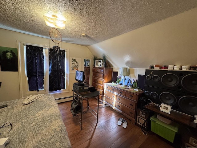 bedroom with vaulted ceiling, dark hardwood / wood-style floors, a textured ceiling, and a baseboard radiator