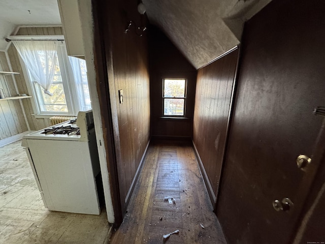 hallway with vaulted ceiling and wood walls