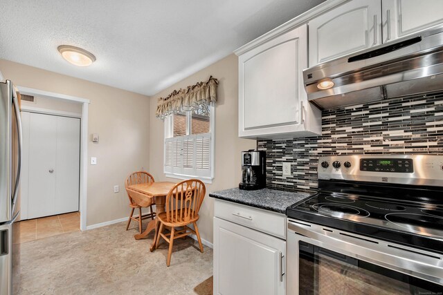 kitchen with backsplash, extractor fan, white cabinetry, stainless steel range with electric cooktop, and light tile patterned floors