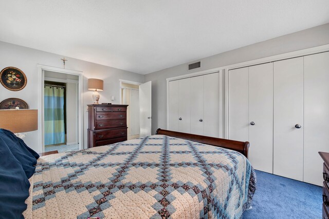 bedroom with two closets and carpet flooring