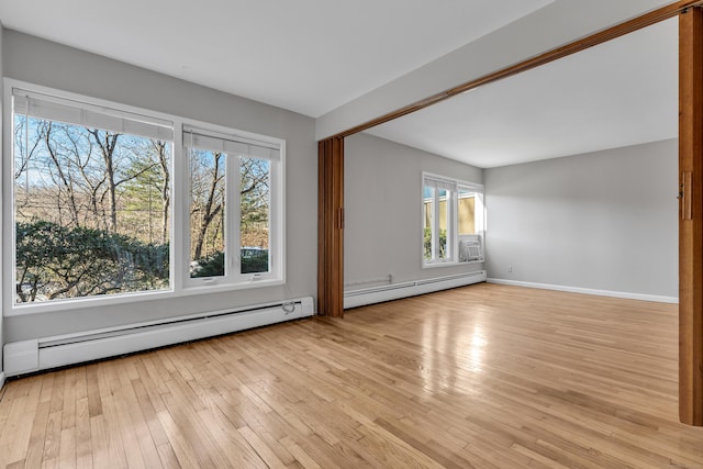 unfurnished living room with baseboard heating and light hardwood / wood-style floors