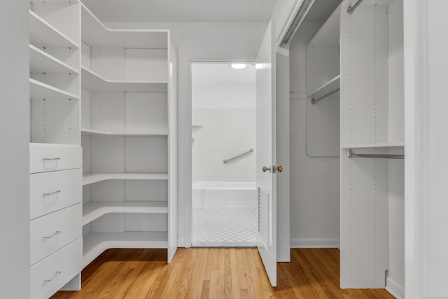 walk in closet with wood-type flooring