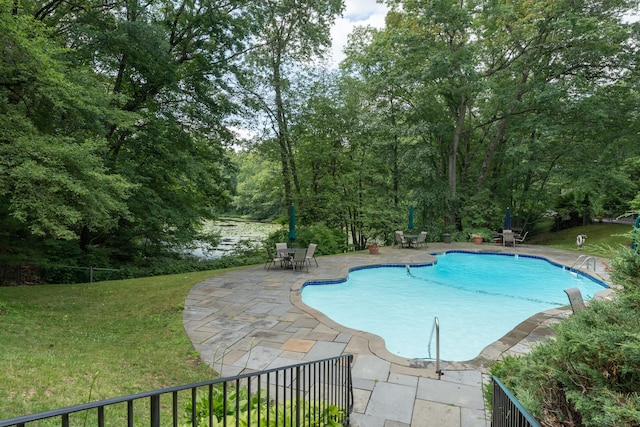 view of pool featuring a patio area and a yard