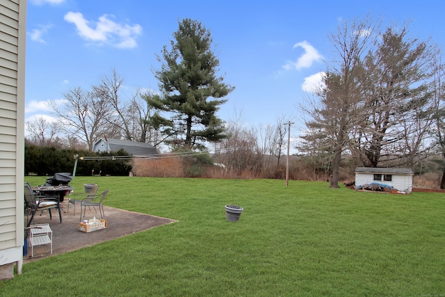 view of yard with a patio and an outdoor structure