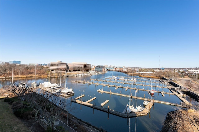 view of dock with a water view