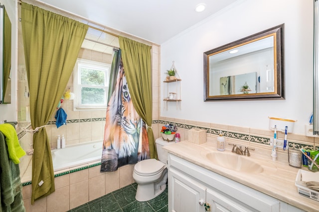 full bathroom with toilet, tile patterned flooring, shower / tub combo with curtain, ornamental molding, and vanity