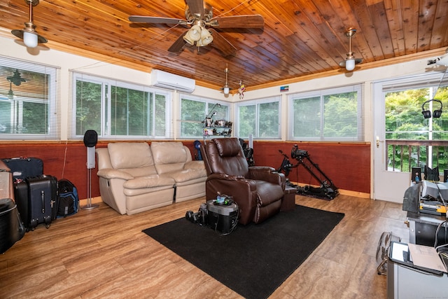 interior space with wooden ceiling, an inviting chandelier, and a wall mounted air conditioner