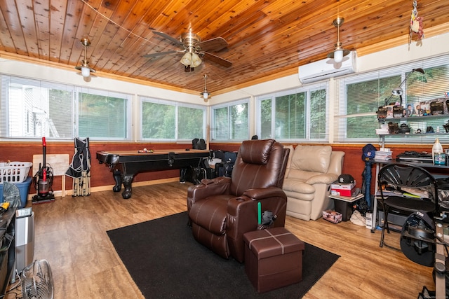 interior space with a wall mounted AC, billiards, wood ceiling, ceiling fan, and wood-type flooring