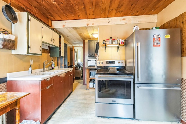 kitchen featuring sink, beam ceiling, light hardwood / wood-style floors, wood ceiling, and stainless steel appliances