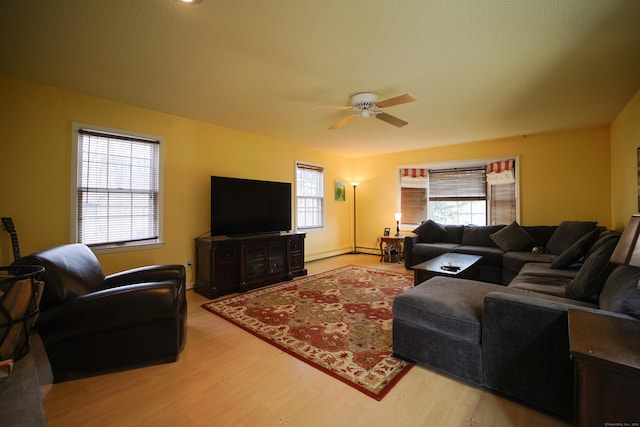 living room featuring ceiling fan and wood-type flooring