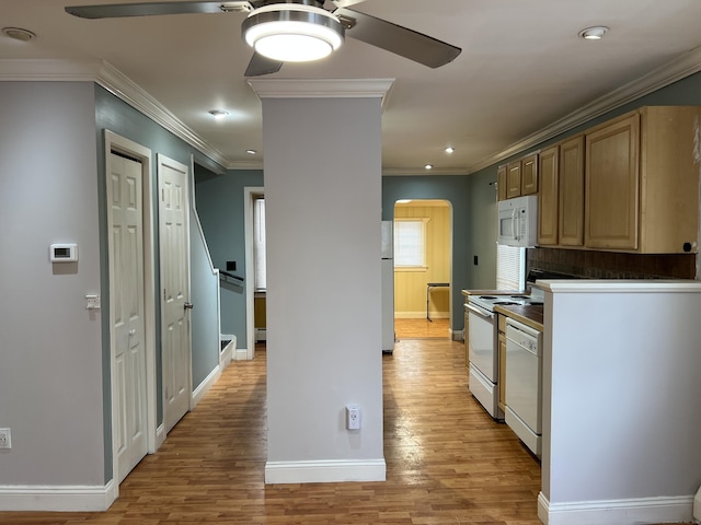 kitchen featuring light brown cabinetry, ornamental molding, ceiling fan, light hardwood / wood-style floors, and white appliances