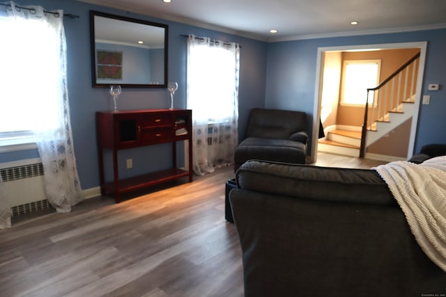 living room featuring crown molding, hardwood / wood-style floors, and radiator heating unit