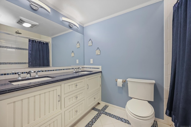 6264 Main St, Trumbull, CT 06611 - full bathroom featuring tile patterned flooring, baseboards, ornamental molding, double vanity, and toilet