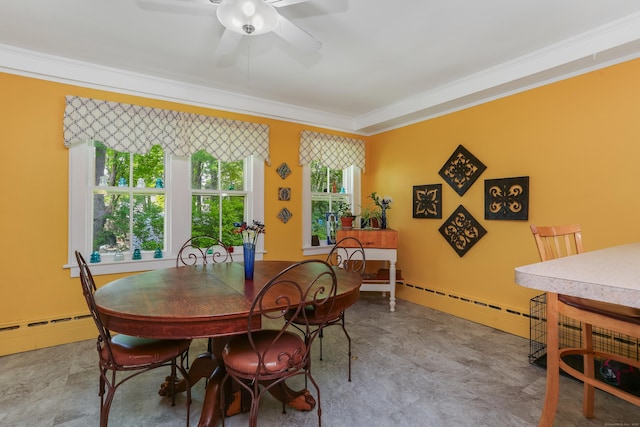 6264 Main St, Trumbull, CT 06611 - dining space featuring ornamental molding, a baseboard heating unit, and ceiling fan