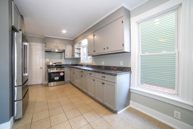 kitchen featuring appliances with stainless steel finishes, ornamental molding, gray cabinets, and sink