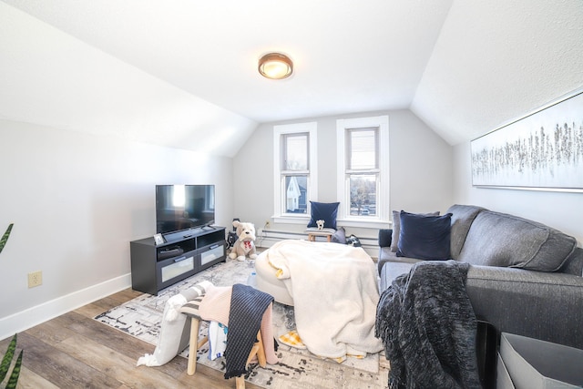 living room with hardwood / wood-style floors and vaulted ceiling