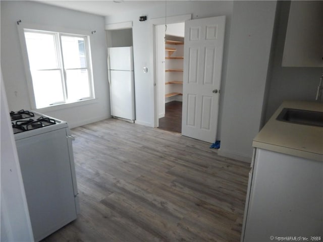 kitchen with sink, white appliances, and hardwood / wood-style floors