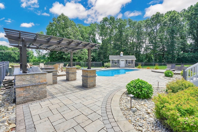 view of pool featuring an outdoor structure, area for grilling, a patio area, and a pergola