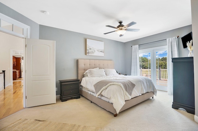 bedroom featuring access to outside, ceiling fan, and light wood-type flooring