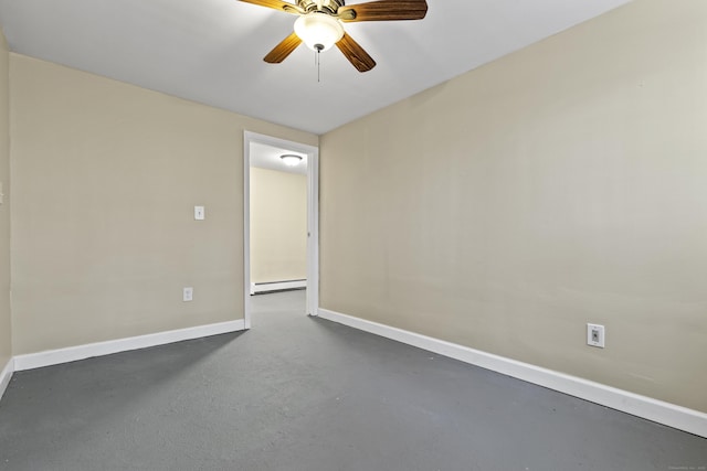 spare room with ceiling fan and a baseboard heating unit