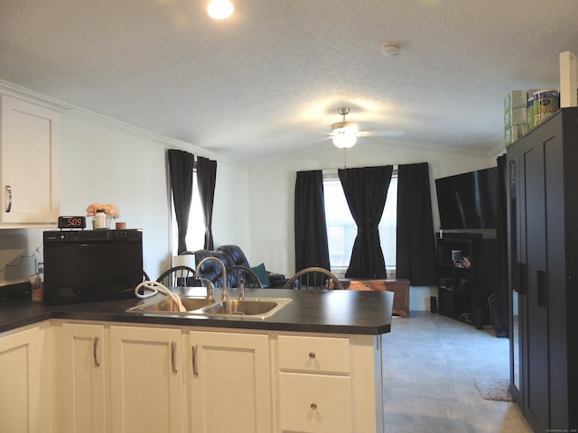 kitchen featuring white cabinetry, sink, kitchen peninsula, a textured ceiling, and ornamental molding