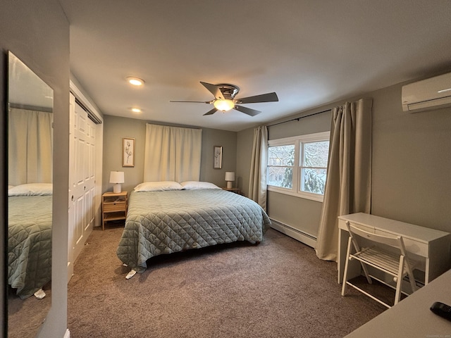 bedroom with ceiling fan, a baseboard radiator, a wall unit AC, and dark colored carpet